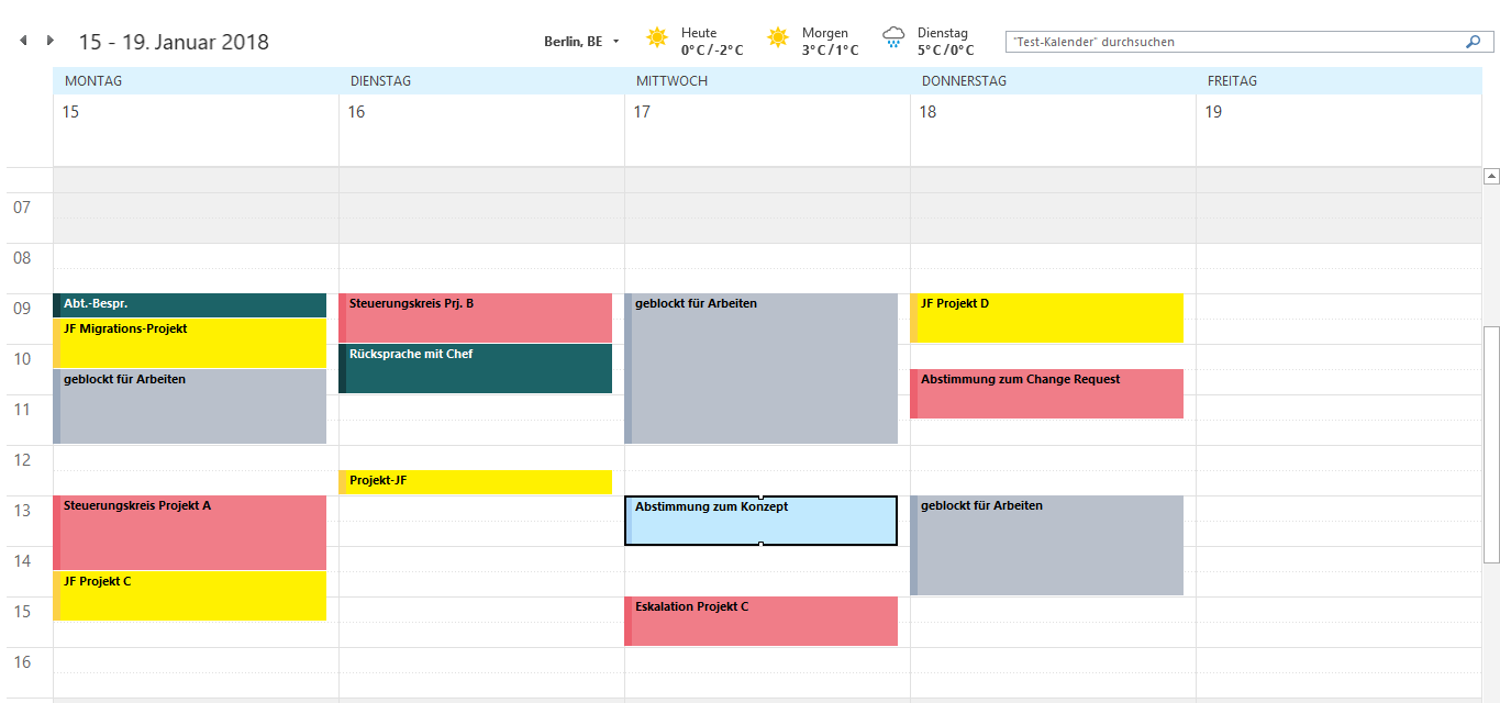 Bild eines dienstlichen Kalenders Beispielwoche mit Kategorien