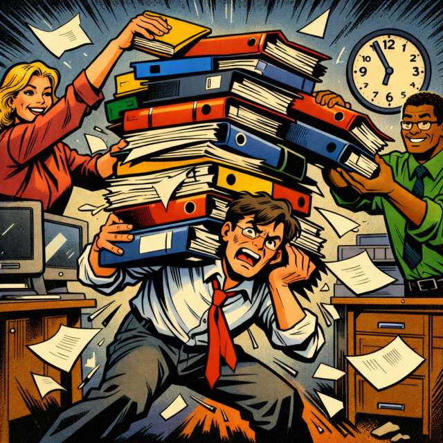 Büroarbeiter wankt unter der Last von Akten