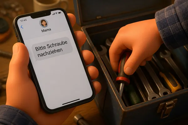 Nahaufnahme zweier Hände im Pixar-Stil: Die eine hält ein Handy mit einer Chat-Nachricht, die andere greift im selben Moment einen Schraubendreher aus einem offenen Werkzeugkoffer.
