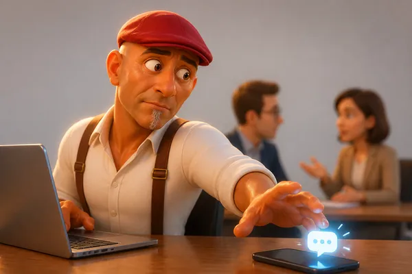 Cartoon-Figur im Pixar-Stil sitzt im Meeting und greift ertappt nach einem Smartphone, dessen Bildschirm mit einem leuchtenden Chat-Symbol aufblinkt, während im Hintergrund zwei Personen sprechen.
