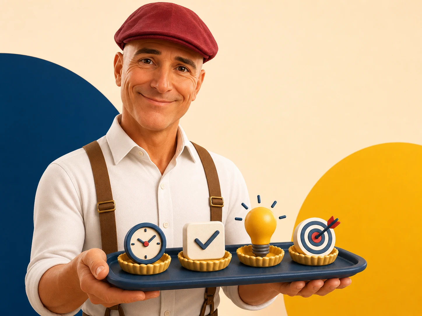 Klaus serviert auf einem Tablett vier kleine Zeitmanagement-Symbole: Uhr, Haken, Glühbirne und Zielscheibe