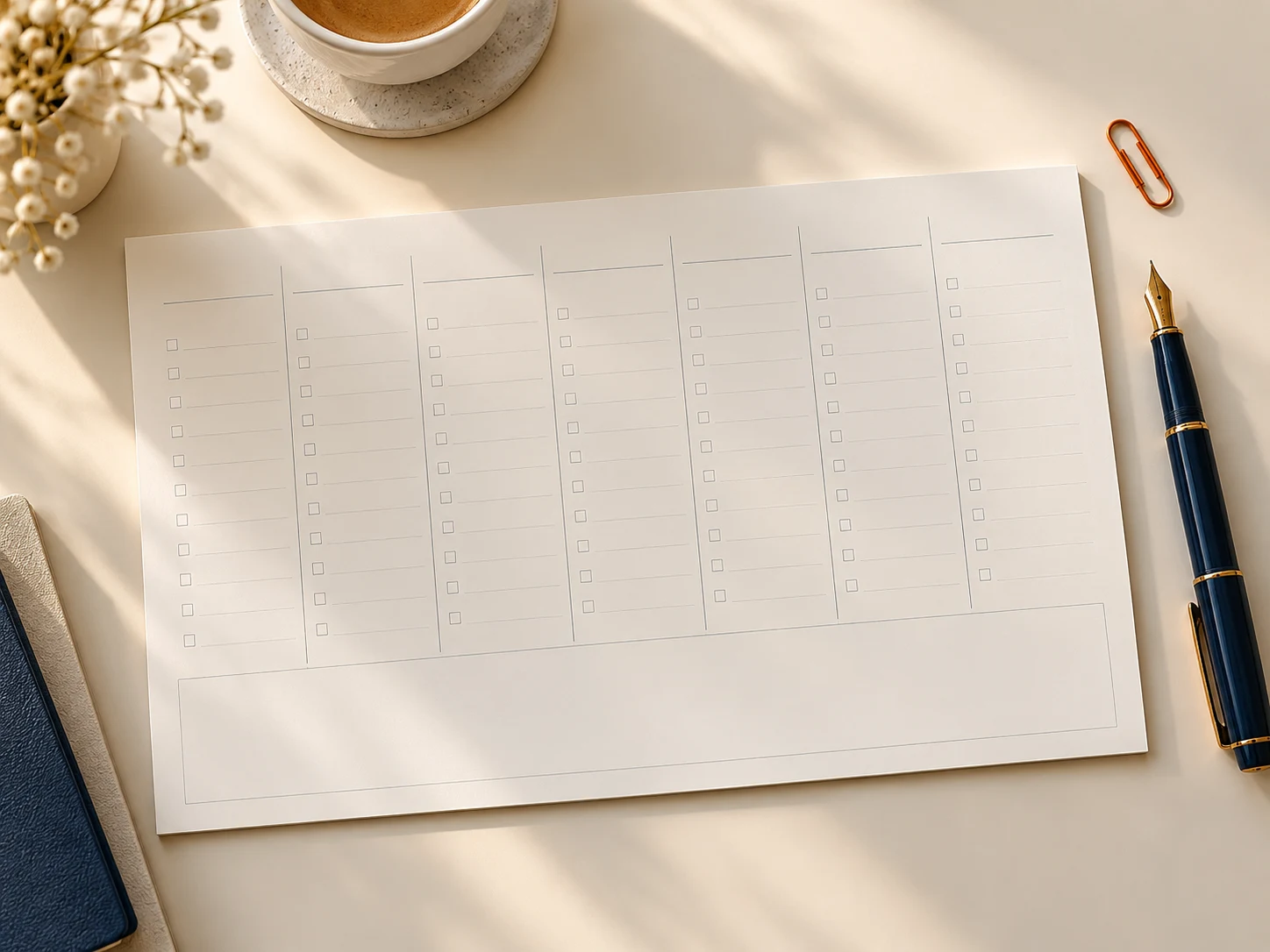 Aufgeschlagener Wochenplaner mit Stift und Kaffee für die Tagesplanung